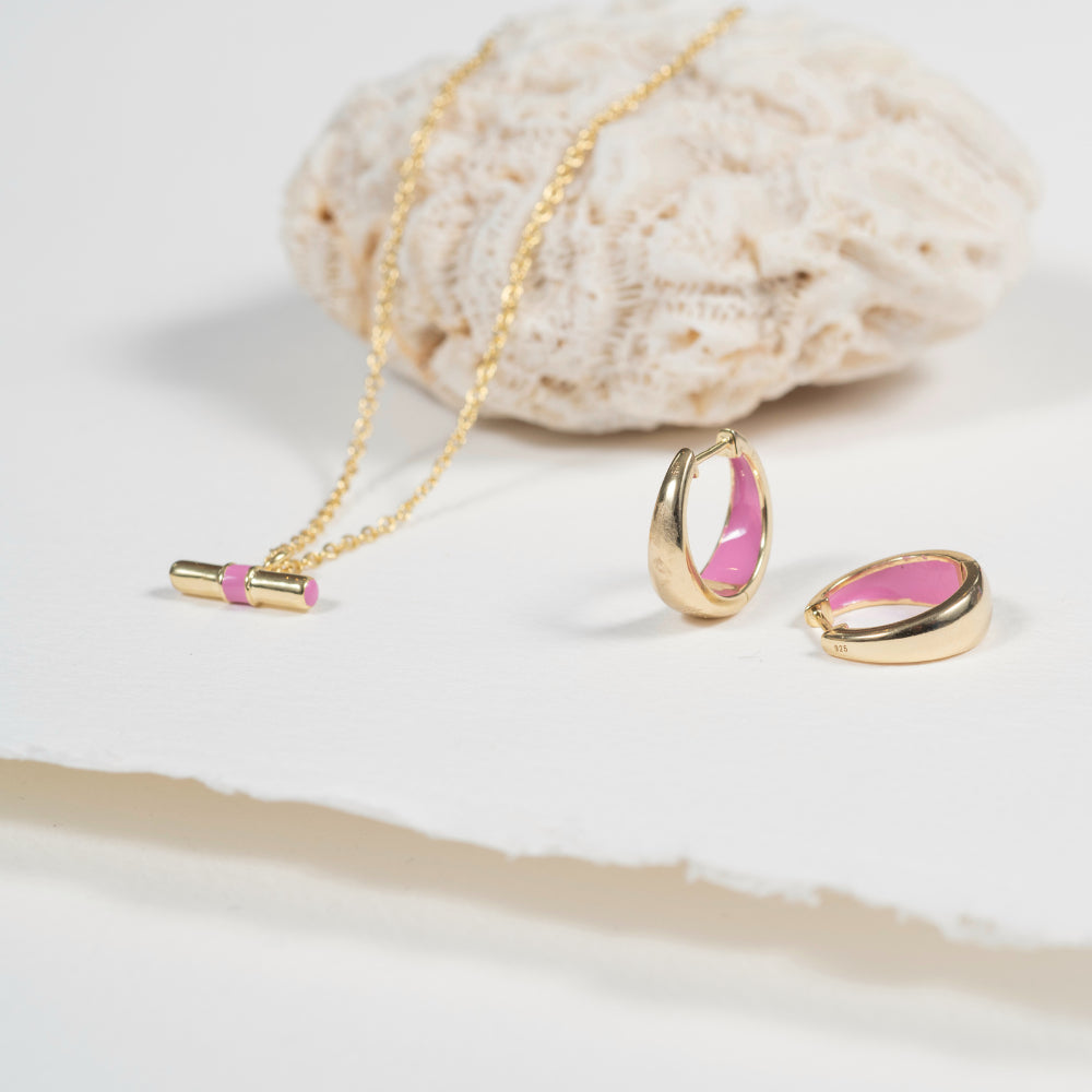 Earrings - Havana Flamingo Pink Enamel & Gold Huggie Hoop Earrings