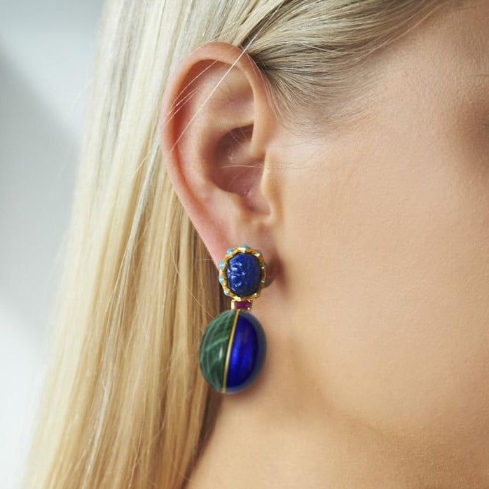 Lapis Stud and Enamel Drop Earrings