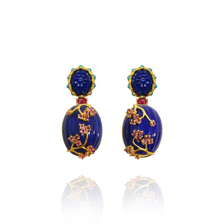 Lapis Stud and Bougainvillea Drop Earrings