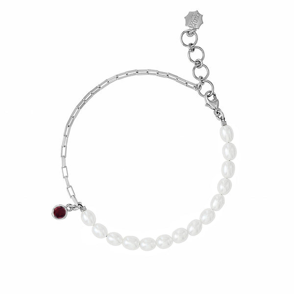 Luna White Pearl, Chain and garnet drop Bracelet