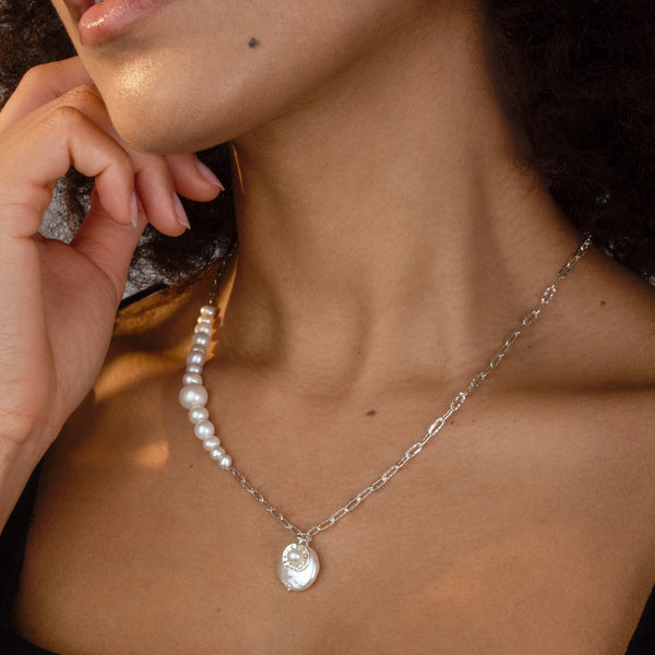 Luna Freshwater Pearl, Chain and Biwa Drop Necklace