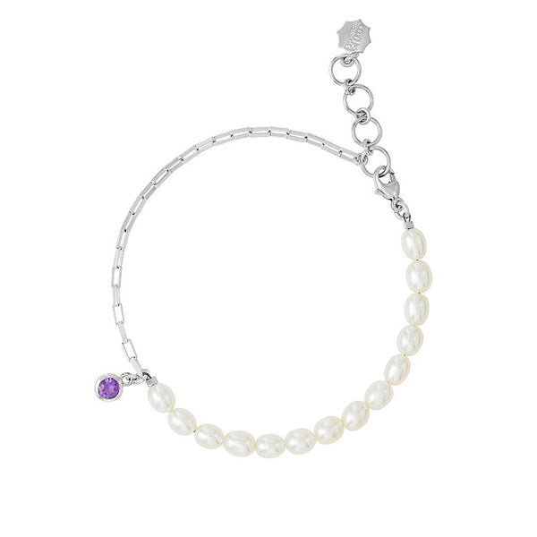 Luna White Pearl, Chain and amethyst drop Bracelet