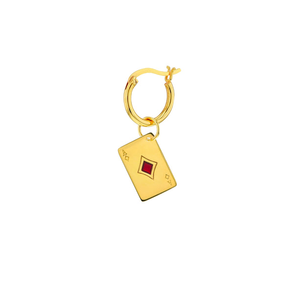 18kt Gold Plated & Red Enamel Ace of Diamonds Charm on Gold Hoop Earring