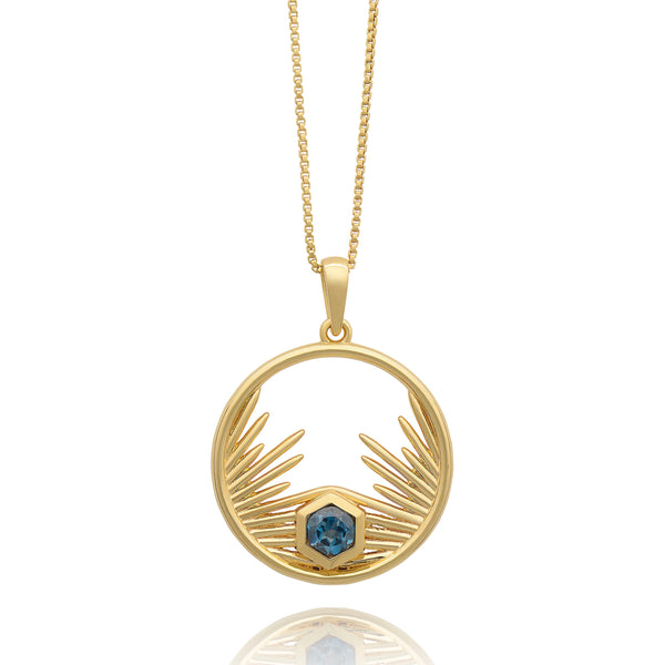 Electric Blue Topaz Long Round Gold Necklace