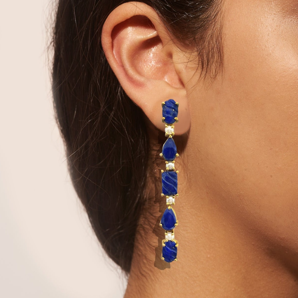 Lapis and Pearl Long Drop earrings