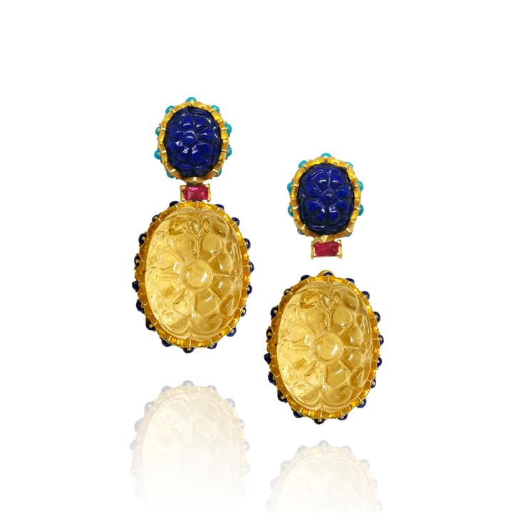 Lapis Stud and Citrine Drop Earrings