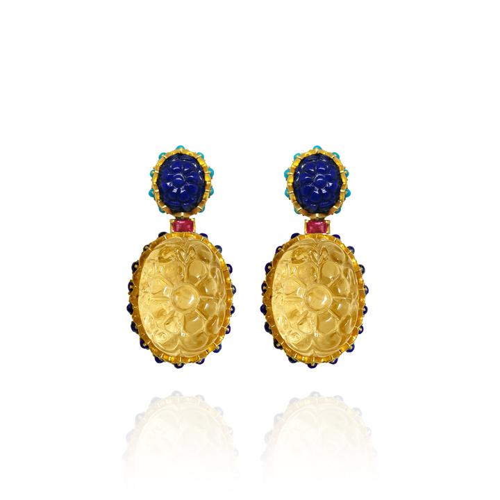 Lapis Stud and Citrine Drop Earrings