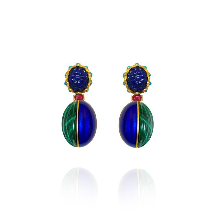 Lapis Stud and Enamel Drop Earrings