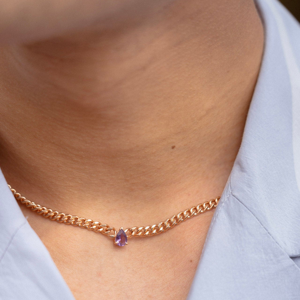 Violet Curb Amethyst Pear Chain Necklace