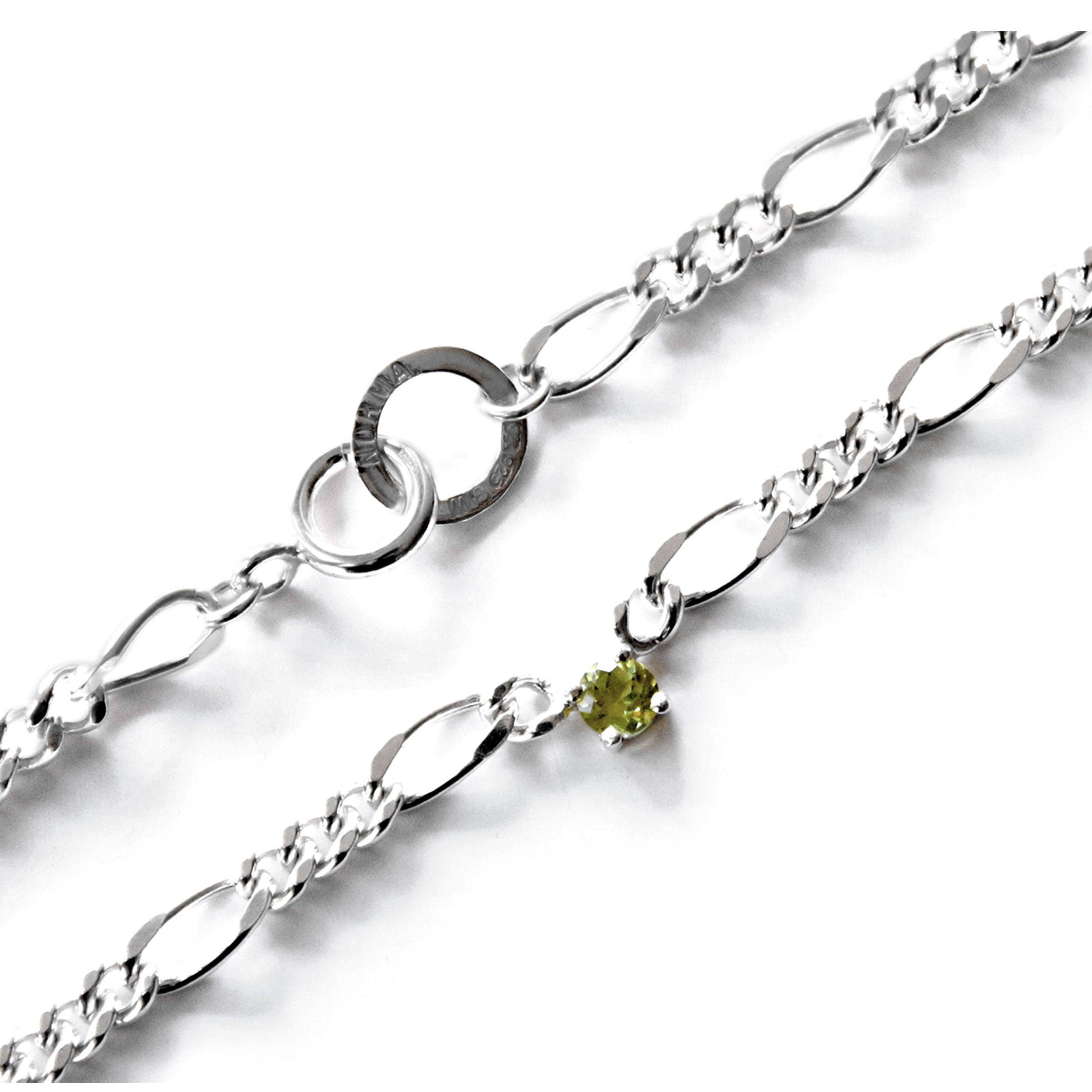 Silver chain with a green gemstone on a white background