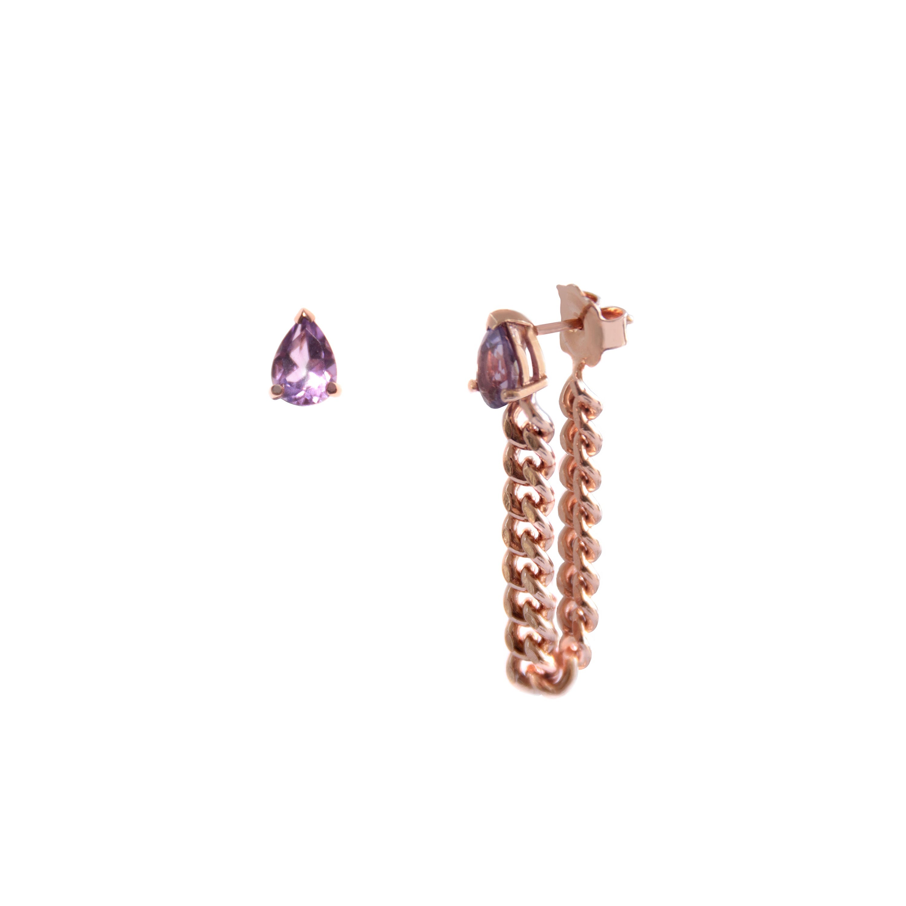 Rose gold chain earring with amethyst gemstones on a white background