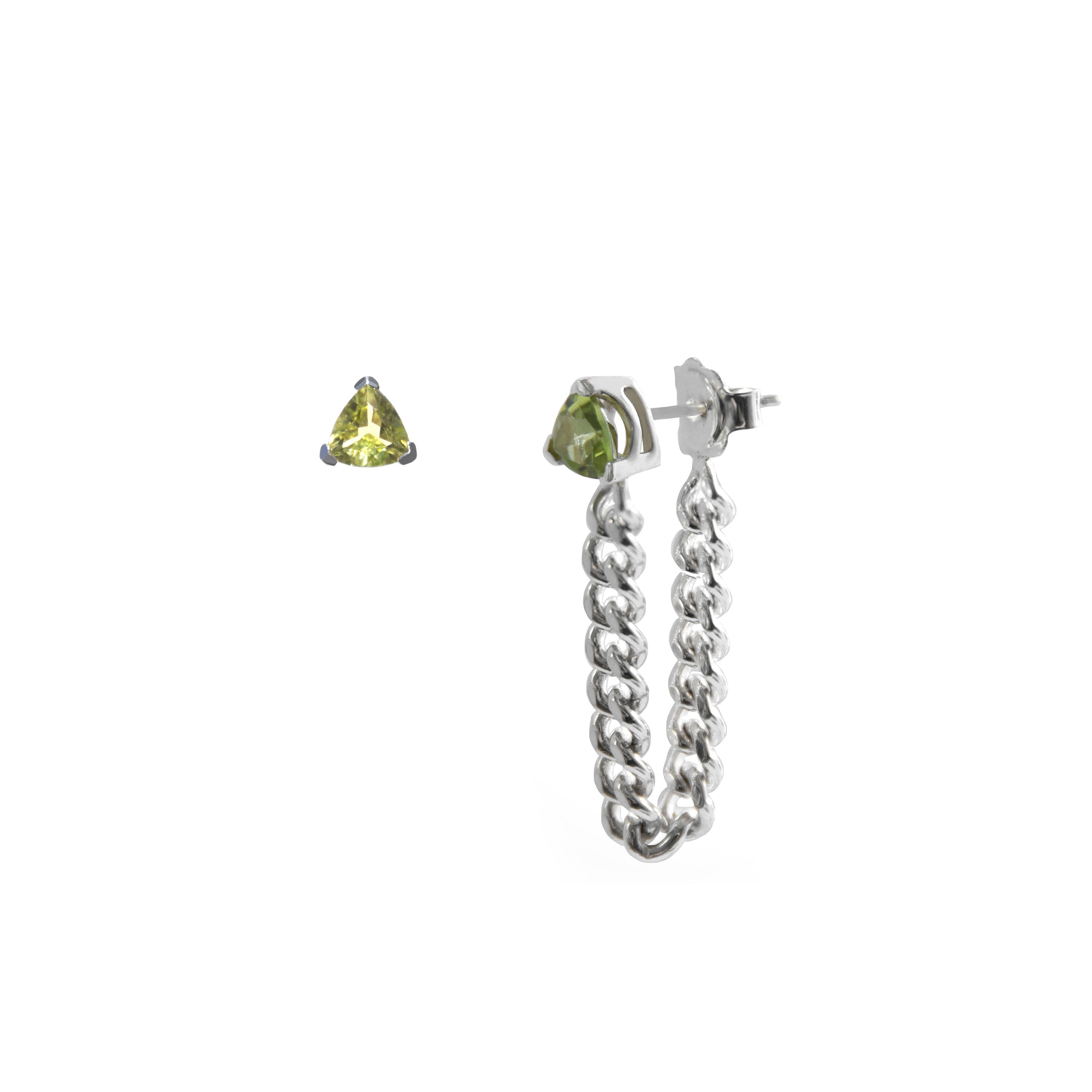 Pair of earrings with green peridot gemstones on a white background