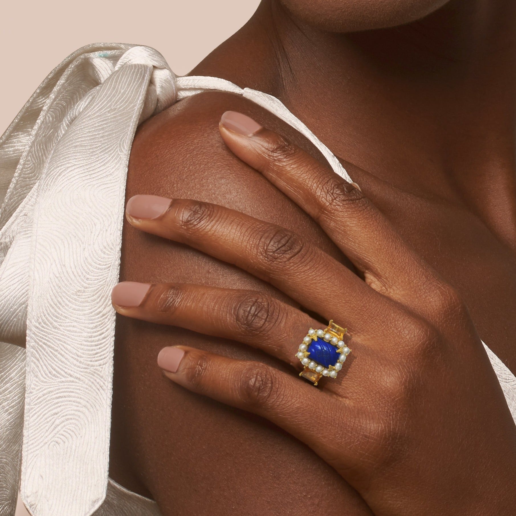 Statement Cocktail Ring in Lapis, Pearl and Citrine