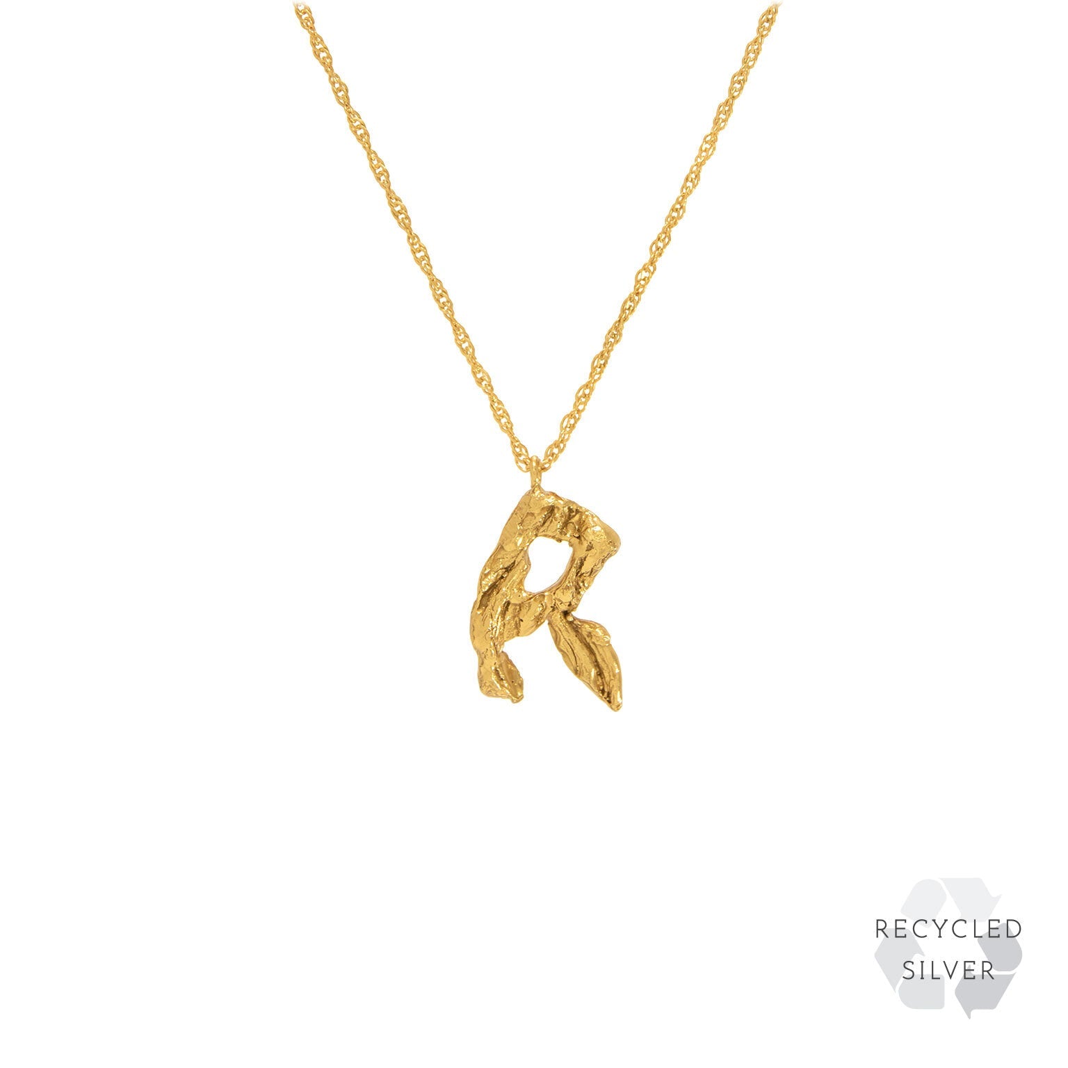 R Alphabet recycled silver necklace gold