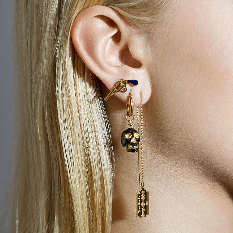 Skull Hoop Earring in Black and Gold