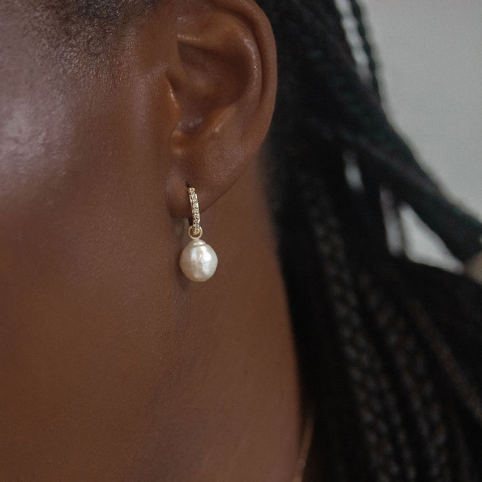 9K Medium Diamond Hoops & South Sea Pearl Drops