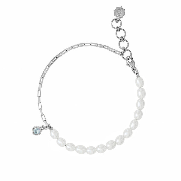 Luna White Pearl, Chain and Aquamarine drop Bracelet