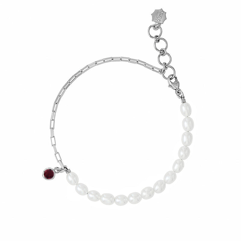 Luna White Pearl, Chain and garnet drop Bracelet