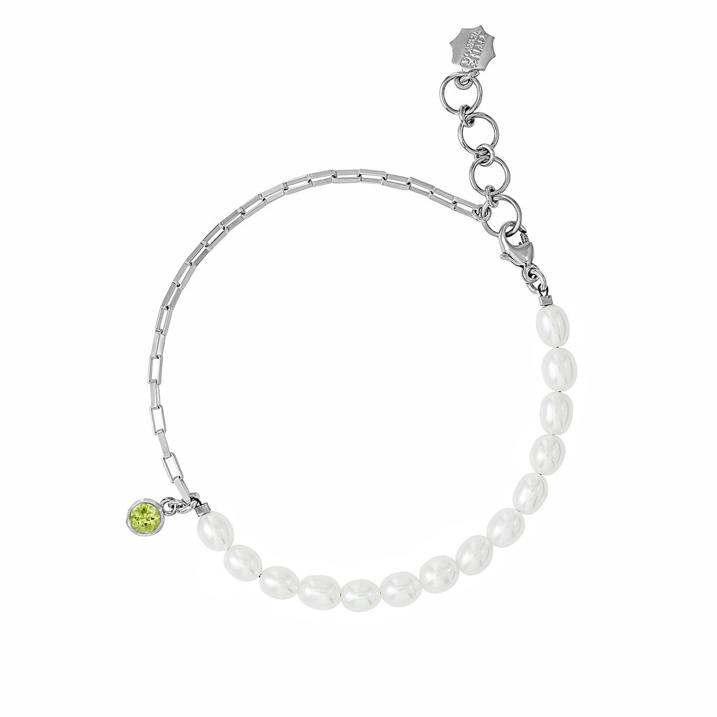 Luna White Pearl, Chain and peridot drop Bracelet