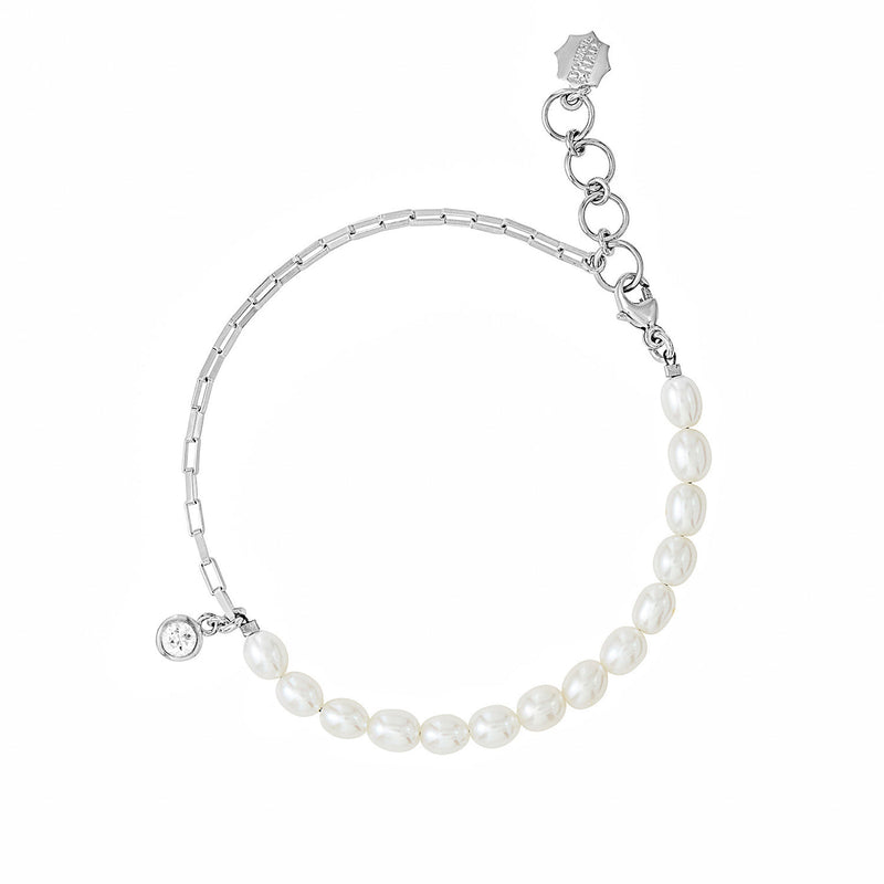 Luna White Pearl, Chain and white topaz drop Bracelet