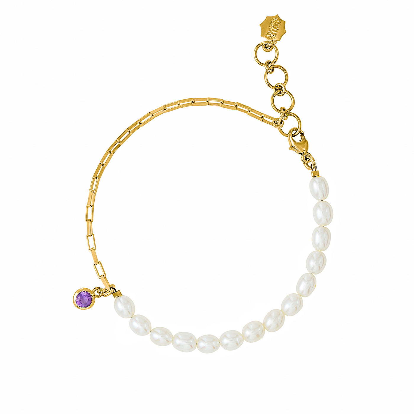 Luna White Pearl, Chain and amethyst drop Bracelet