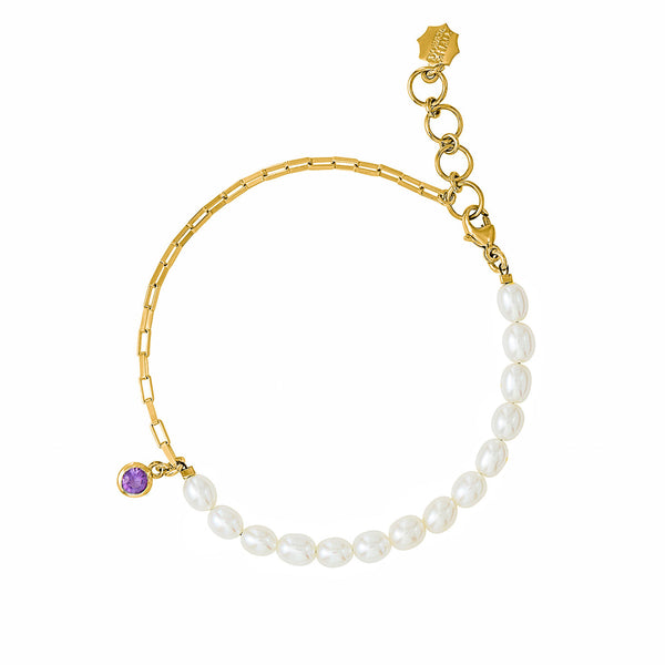 Luna White Pearl, Chain and amethyst drop Bracelet