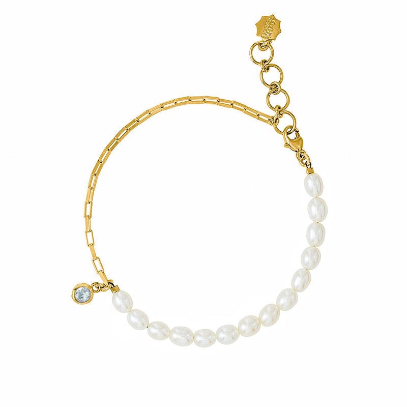 Luna White Pearl, Chain and Aquamarine drop Bracelet