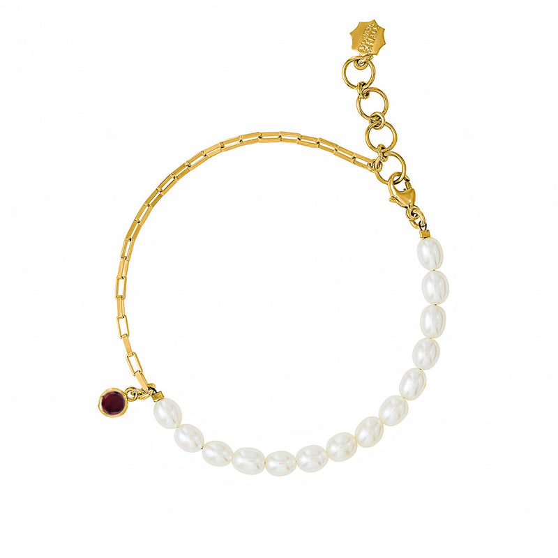 Luna White Pearl, Chain and garnet drop Bracelet