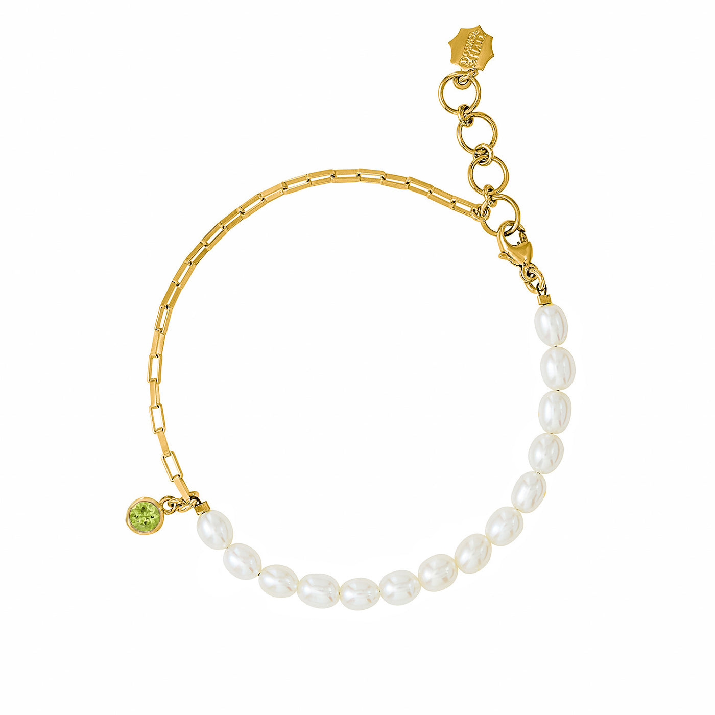Luna White Pearl, Chain and peridot drop Bracelet