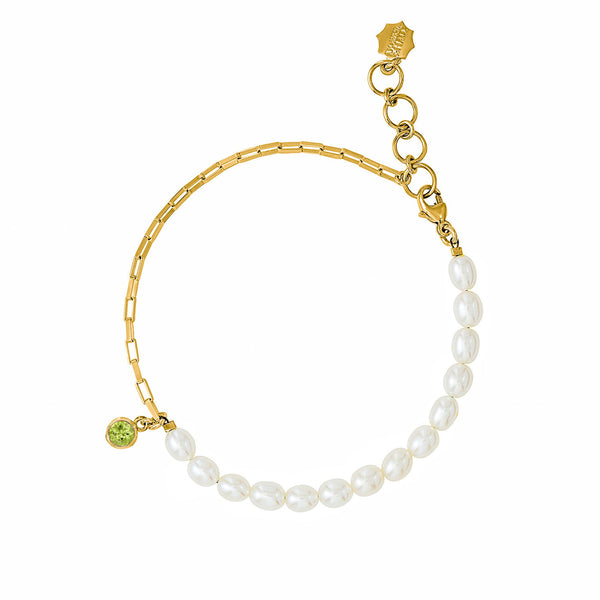 Luna White Pearl, Chain and peridot drop Bracelet