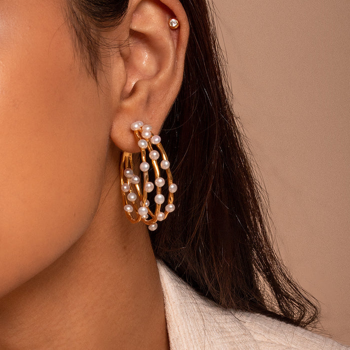 Triple Row Waterfall Pearl Hoops