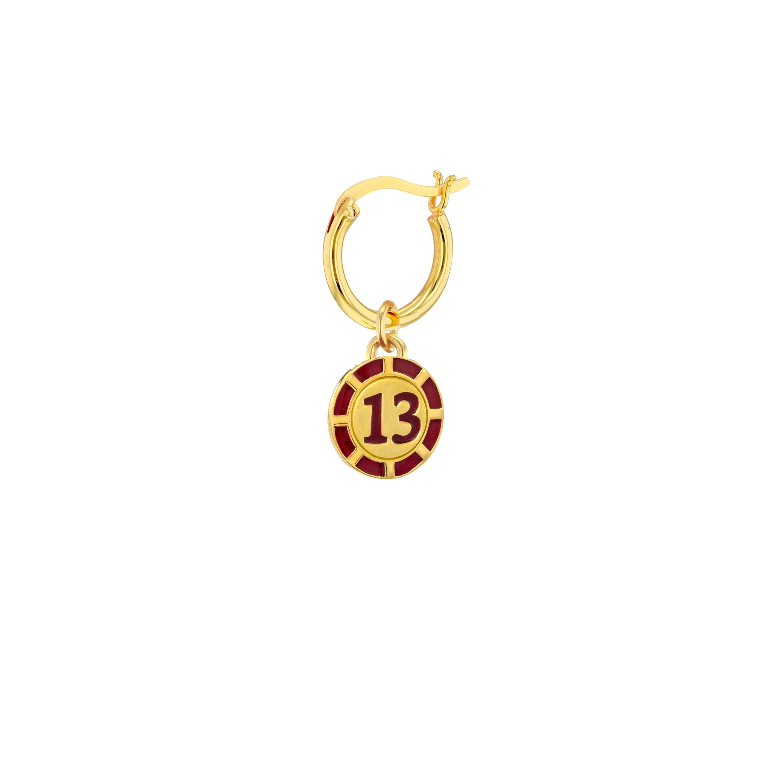18kt Gold Plated & Red Enamel 13 Poker Chip Charm on Hoop Earring
