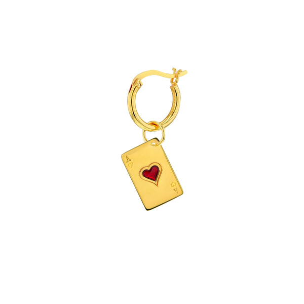 18kt Gold Plated & Red Enamel Ace of Hearts on Gold Plated Hoop Earring
