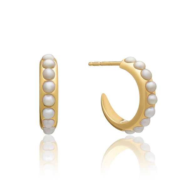Tapered Studded Pearl Hoop Earrings Gold
