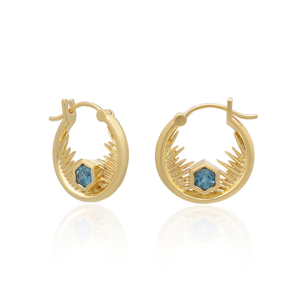 Electric Blue Topaz Round Gold Hoops