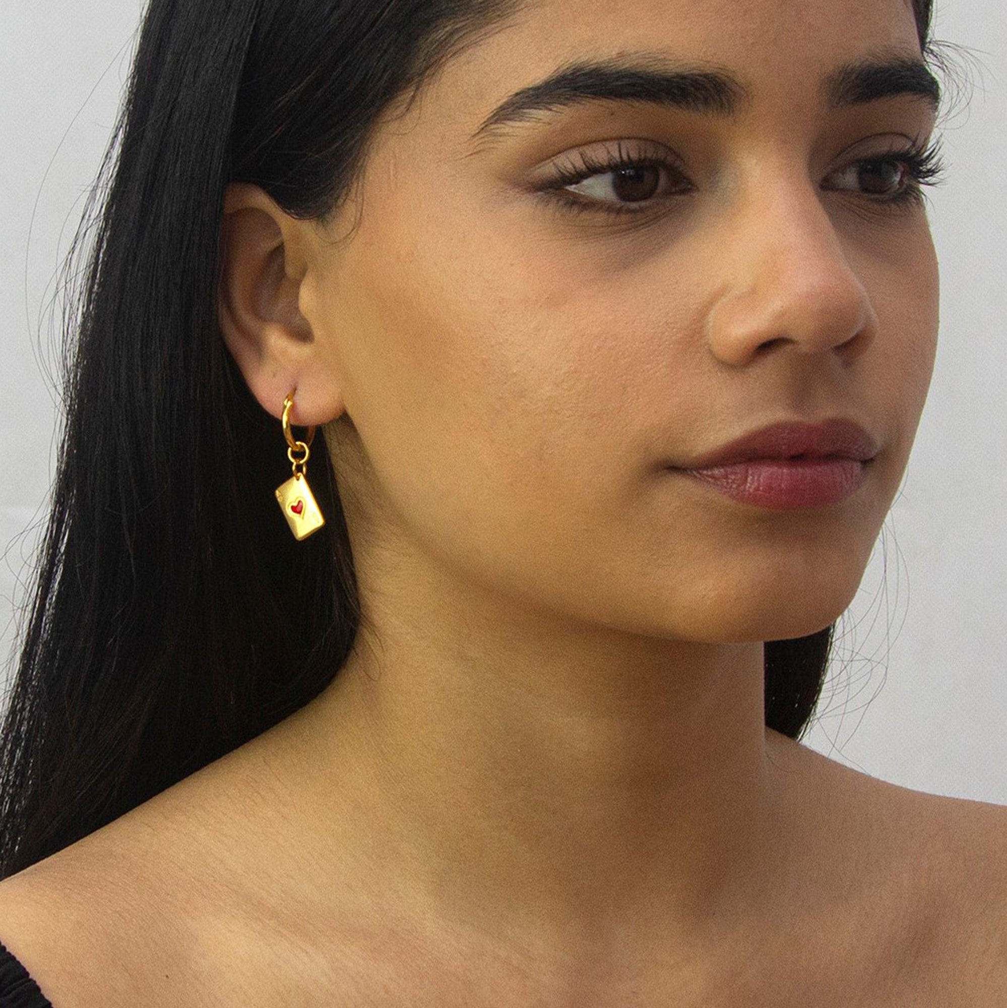 18kt Gold Plated & Red Enamel Ace of Hearts on Gold Plated Hoop Earring