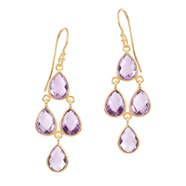 The Sophia Amethyst Chandelier Earrings feature four pear shaped multifaceted natural Amethyst gemstones, boasting light lavender to deep violet hues.  Sustainable materials are 14 Carat gold vermeil – recycled sterling silver heavily electroplated with several layers of recycled 14 Carat gold. The gemstones are natural Amethyst recycled from a vintage jewellery item. 