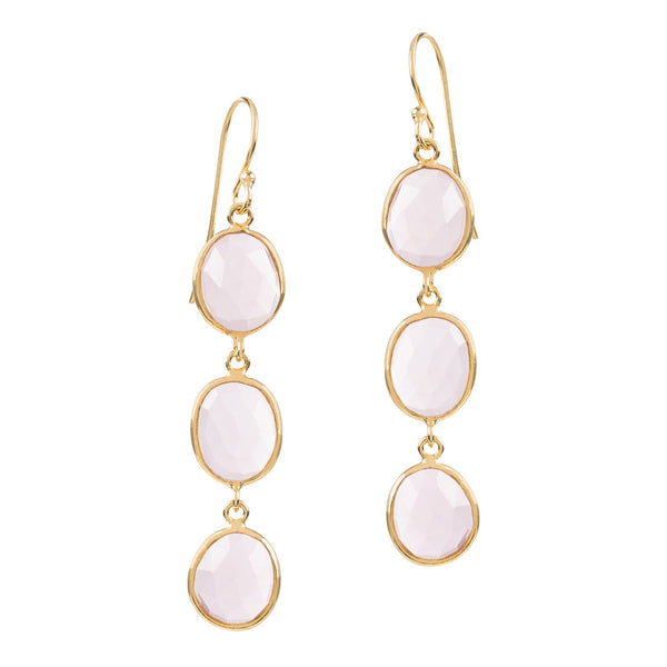 The latest earring addition to our popular Sophia collection features three, hand cut, natural pink quartz gemstones, hand set in sustainable materials. The Sophia Triple Pink Quartz Dangle earrings are entirely handmade to showcase the gemstones full beauty and to create a stunning evening look.