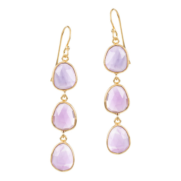 The latest earring addition to our popular Sophia collection features three, hand cut, natural amethyst gemstones, hand set in sustainable materials. The Sophia Triple Amethyst Dangle earrings are entirely handmade to showcase the gemstones full beauty and to create a stunning evening look.