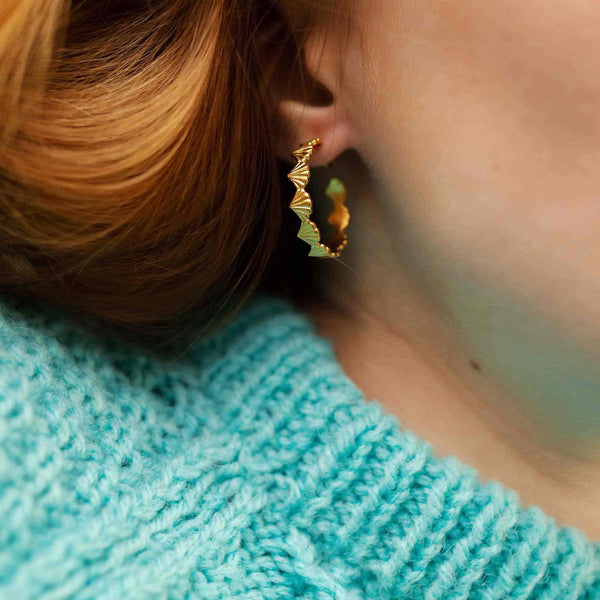 Large Scallop Yellow Gold Hoop Earrings