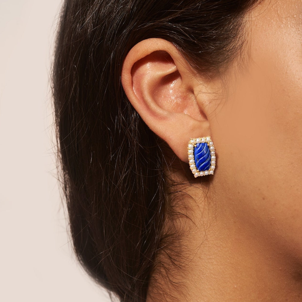 Statement Lapis and Pearl Stud Earrings