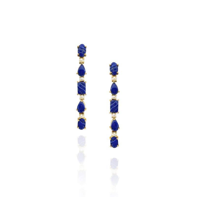 Lapis and Pearl Long Drop earrings