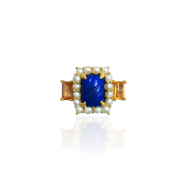 Statement Cocktail Ring in Lapis, Pearl and Citrine