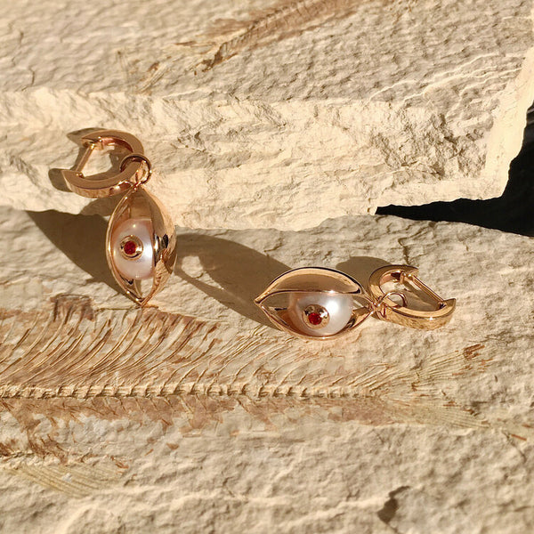 The Eye Hoop Earrings with Akoya Pearl, Ruby and White Diamond