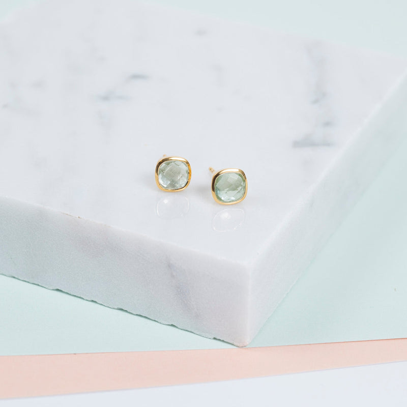 Earrings - Brooklyn Green Amethyst & Gold Vermeil Cushion Stud Earrings