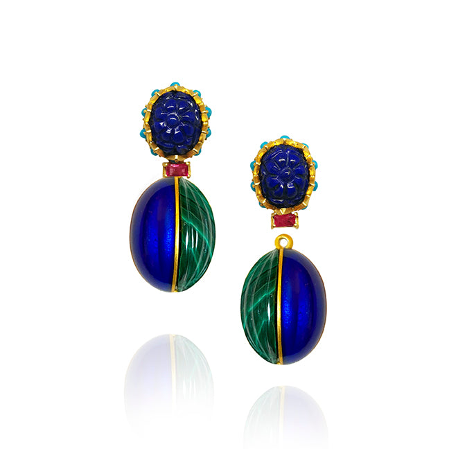 Lapis Stud and Enamel Drop Earrings