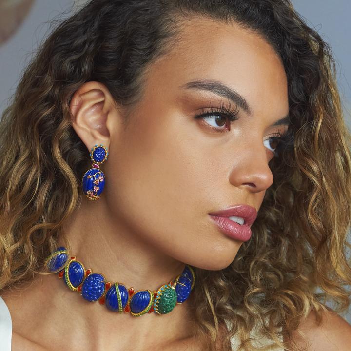 Lapis Stud and Bougainvillea Drop Earrings