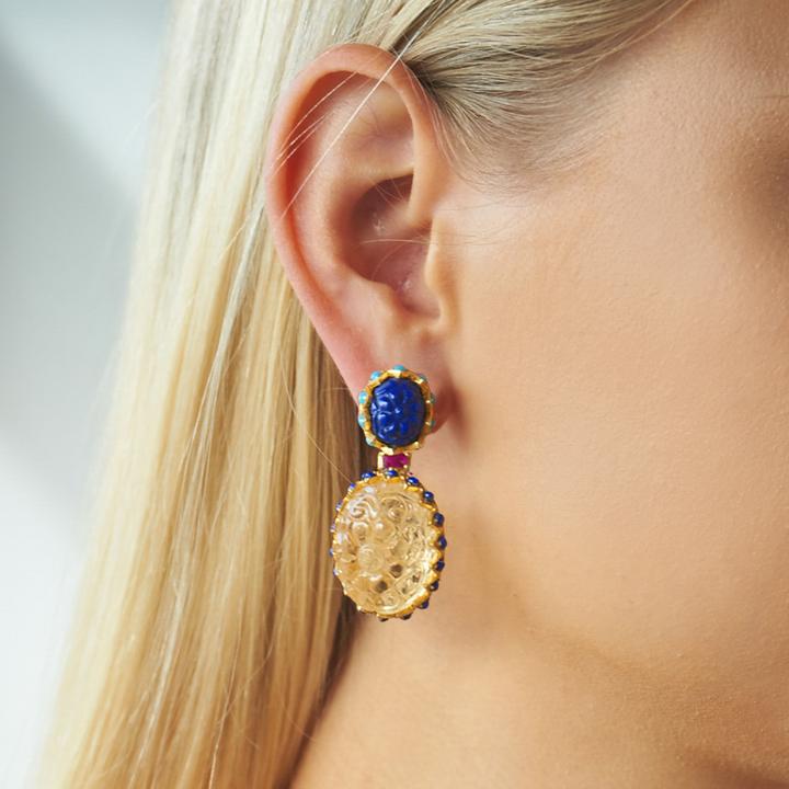 Lapis Stud and Citrine Drop Earrings